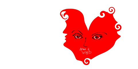 Not a word written on the face of heart.  Red asymmetrical heart with serious  face, white background,  minimalistic style, copy space
