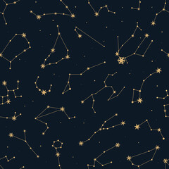 Vector magic seamless pattern with constellations and stars. Mystical esoteric background for design of fabric, packaging, astrology, phone case, yoga mat, notebook covers, wrapping paper. - obrazy, fototapety, plakaty
