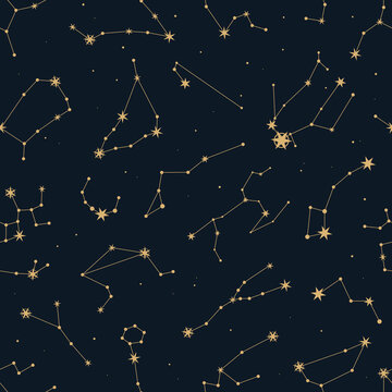Vector magic seamless pattern with constellations and stars. Mystical esoteric background for design of fabric, packaging, astrology, phone case, yoga mat, notebook covers, wrapping paper.