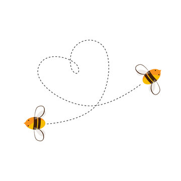 Two flying bee and their heart shape flight trajectory. Love or honey business concept. Vector cartoon illustration