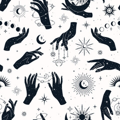 Vector seamless pattern with couple and single hands, planets, constellations, sun, moons and stars. Trendy background for design of fabric, packaging, phone case, notebook covers, astrology, wrapping