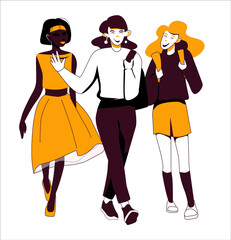 Three young women friends are walking and chatting, having fun. Vetor illustration of modern women, possibly students.