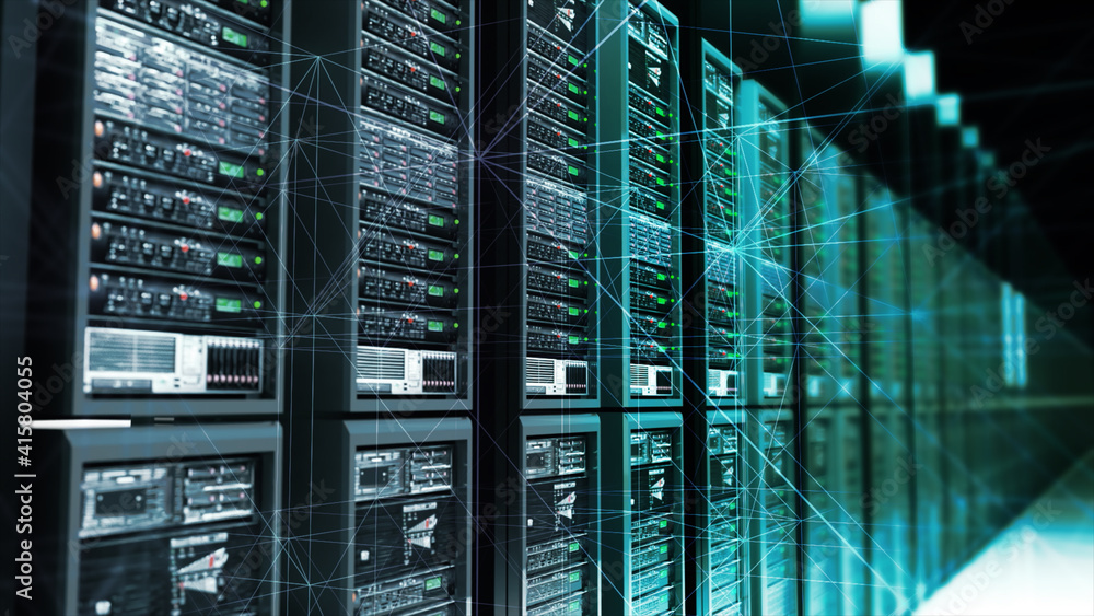 Poster 3d rendered illustration of digital data server with plexus elements in dark room analysing digital 