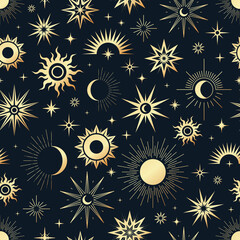 Vector magic seamless pattern with gold sun, moon and stars. Mystical esoteric background for design of fabric, packaging, astrology, phone case, yoga mat, notebook covers, wrapping paper.