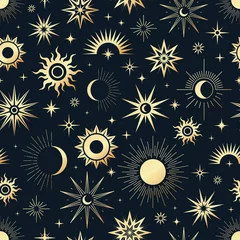 Fotobehang Zwart goud Vector magische naadloze patroon met gouden zon, maan en sterren. Mystieke esoterische achtergrond voor ontwerp van stof, verpakking, astrologie, telefoonhoesje, yogamat, notebookomslagen, inpakpapier.