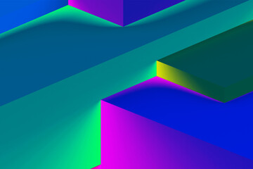 Abstract geometric cubic colorful  in neon lights background. isometric 3d render.