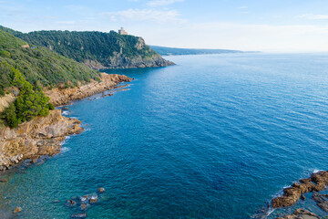 Livorno, Tuscany, Italy: Beach and cliffs of calafuria. The tower indicates the cliff under the...
