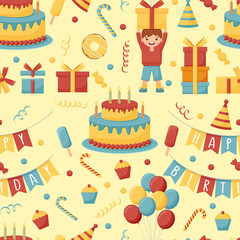 Birthday cream cakes, gift boxes, garlands flat vector seamless pattern. Hand drawn background for a party, holiday