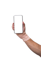Man hand wrapping elastic bandage holding smartphone isolated on white background. clipping path