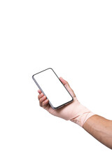 Man hand wrapping elastic bandage holding smartphone isolated on white background. clipping path