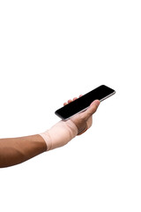 Man hand wrapping elastic bandage holding smartphone isolated on white background. clipping path