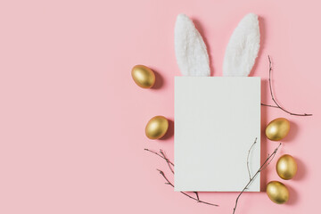 Easter mock up with rabbit poster on pink background