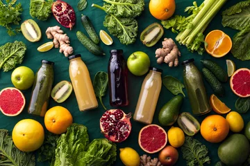 Rolgordijnen Fresh fruit and vegetable smoothies or juice in bottles with various ingredients around © fortyforks