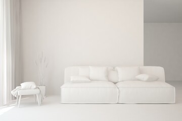 White minimalist living room with sofa. Scandinavian interior design. 3D illustration