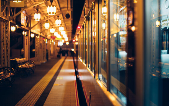 Blurred concept with train locomotive in a japanese station