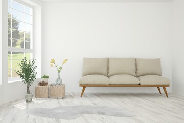 White living room with sofa and summer landscape in window. Scandinavian interior design. 3D illustration
