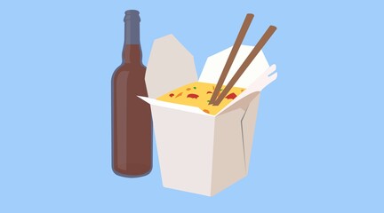 Chinese Food Take Away, with Beer. Vector Isolated Illustration