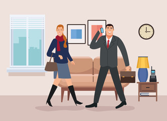 business couple walking in the livingroom back to office