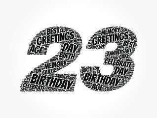 Happy 23rd birthday word cloud, holiday concept background