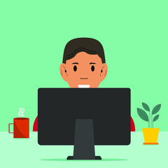 Color illustration of man in laptop, quarantined, working from home, on green background, vector illustration