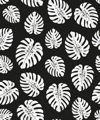 Random Placed Vector Palm Leaves Seamless Pattern with Black Background.