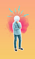 Brain concept. Young man in trendy jeans attire headed of electric bulb standing over orange and...