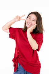 Portrait of middle age 40s Asian woman Women smiling happily And thumbs up as a symbol of victory .Isolated on white background