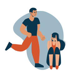 Domestic violence. Social issues, abuse and agression on women, harassment and bullying. Violence against woman. Man hitting his wife. Flat illustration, isolated on a white background.
