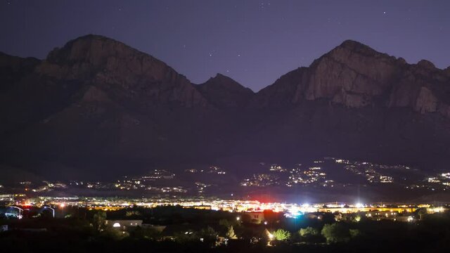 Stars pass over town of Oro Valley, Arizona at night, timelapse