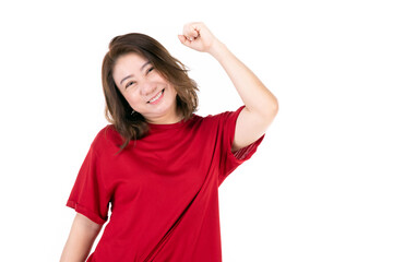 Portrait of middle age 40s Asian woman Looks good, confident, raises his arms. Isolated on white background