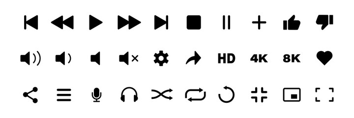 video media player icons vector set. multimedia music audio control. mediaplayer interface symbols. play, pause, mute sign. isolated on white background