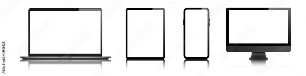 Wall mural laptop, desktop computer, tablet, mobile smartwatch blank screen vector mock up. realistic pc, pad, 