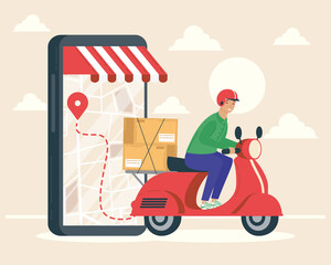 smartphone with delivery worker in motorcycle