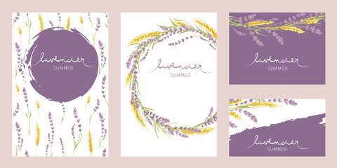Cards for Wedding invitation.  Set vector design elements, wreaths of lavender and wheat ears, calligraphy lettering. © imagination13