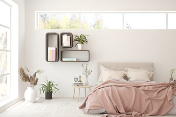 White bedroom interior. Scandinavian design. 3D illustration © AntonSh