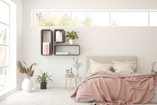 Fototapeta White bedroom interior. Scandinavian design. 3D illustration