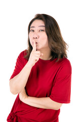 Portrait of middle age 40s Asian woman Thumbs up to close the mouth To tell the signal to stop using the sound