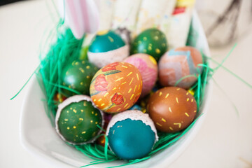 Easter eggs , traditional colorful eggs, Symbol of Eastern Orthodox Easter Day, table setting at home