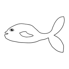 Cartoon doodle linear whale isolated on white background. Childlike style. Vector illustration