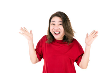 Portrait of middle age 40s Asian woman Raising his arm with a very happy expression On a white background