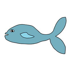 Cartoon doodle linear whale isolated on white background. Childlike style. Vector illustration