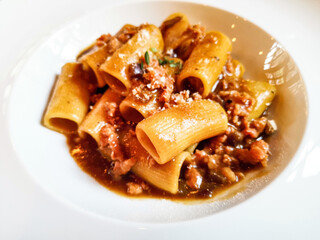 Tasty pasta, Italian meat sauce pasta on the table