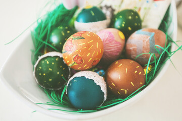 Easter eggs , traditional colorful eggs, Symbol of Eastern Orthodox Easter Day, table setting at home