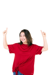 Portrait of middle age 40s Asian woman Pointing up Isolated on white background