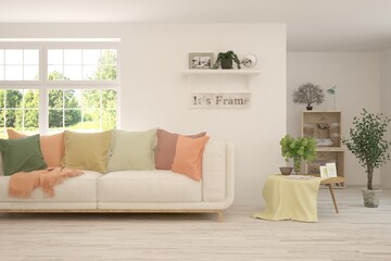 White living room with sofa and summer landscape in window. Scandinavian interior design. 3D illustration
