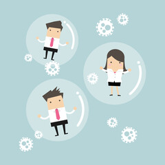 Businessman and Businesswoman are safe in bubble against virus and infection. self-isolated, out of risk.