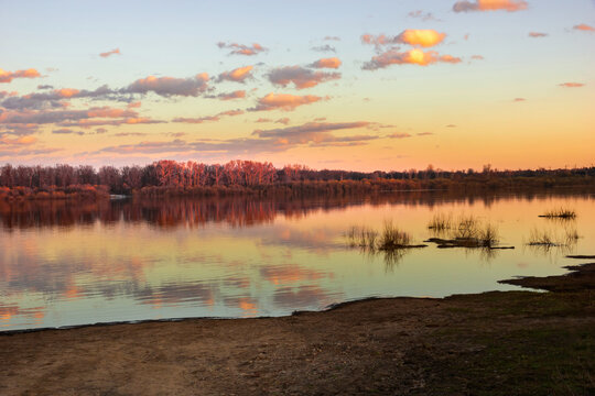beautiful landscape evening spring river beautiful sunset clouds © Konstantin