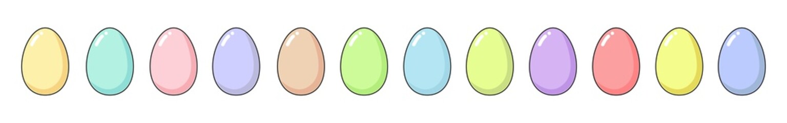 Happy Easter long set with a dozen Easter painted eggs. Fun holiday elements in bright colors - pink, blue, yellow, green, lilac, purple, mint and coral. Square format, vector flat illustration