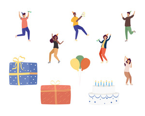 group of six persons celebrating birthday characters and set icons