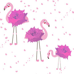 Flamingo with pink hand drawn roses. Seamless pattern for textile design. Tropical romantic pattern background
